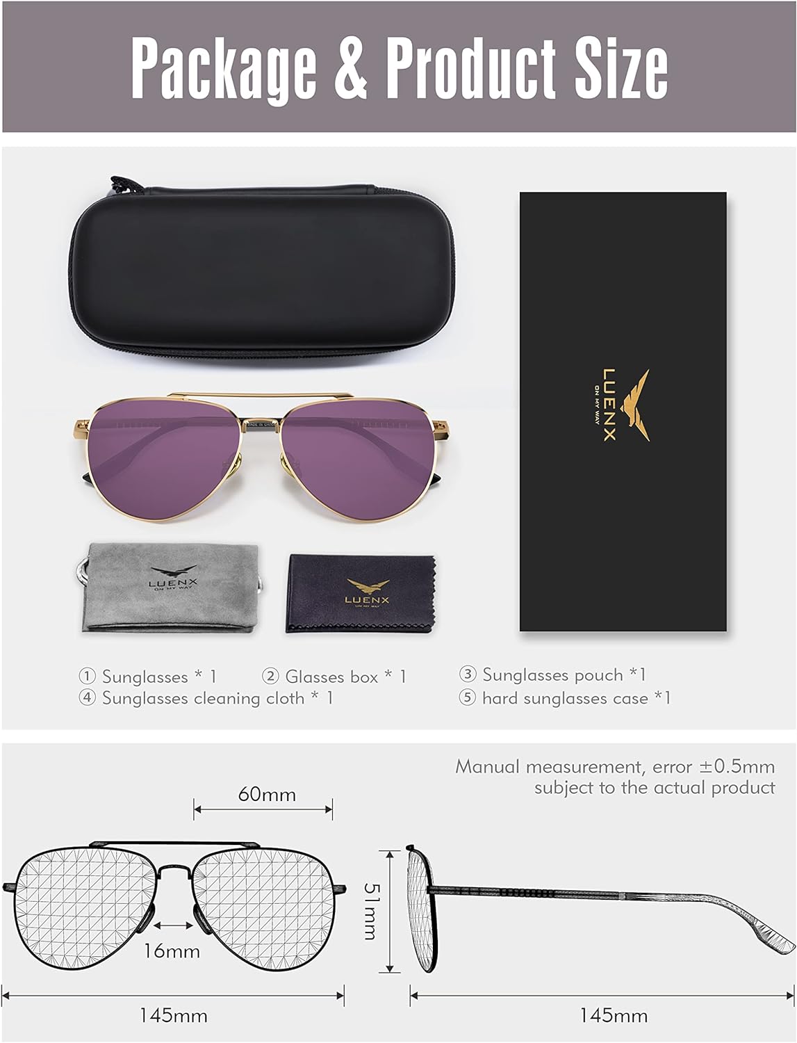 LUENX Aviator Sunglasses for Men Women Polarized - UV 400 Protection with case 60MM