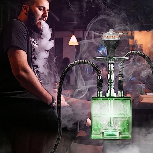 2 Hose Hookah Set - HEJEINK Updated Cube Modern Shisha Includes Vulcan HMD Silicone Hookah Bowl Silk Pipe Coal Tongs Remote LED Light for Great Smoking, Portable Square Hookah Set with Everything