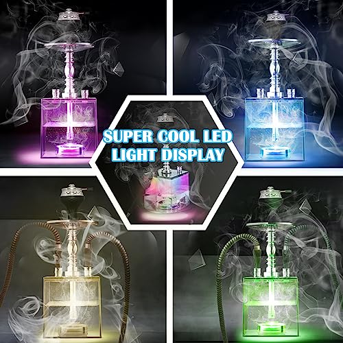 2 Hose Hookah Set - HEJEINK Updated Cube Modern Shisha Includes Vulcan HMD Silicone Hookah Bowl Silk Pipe Coal Tongs Remote LED Light for Great Smoking, Portable Square Hookah Set with Everything