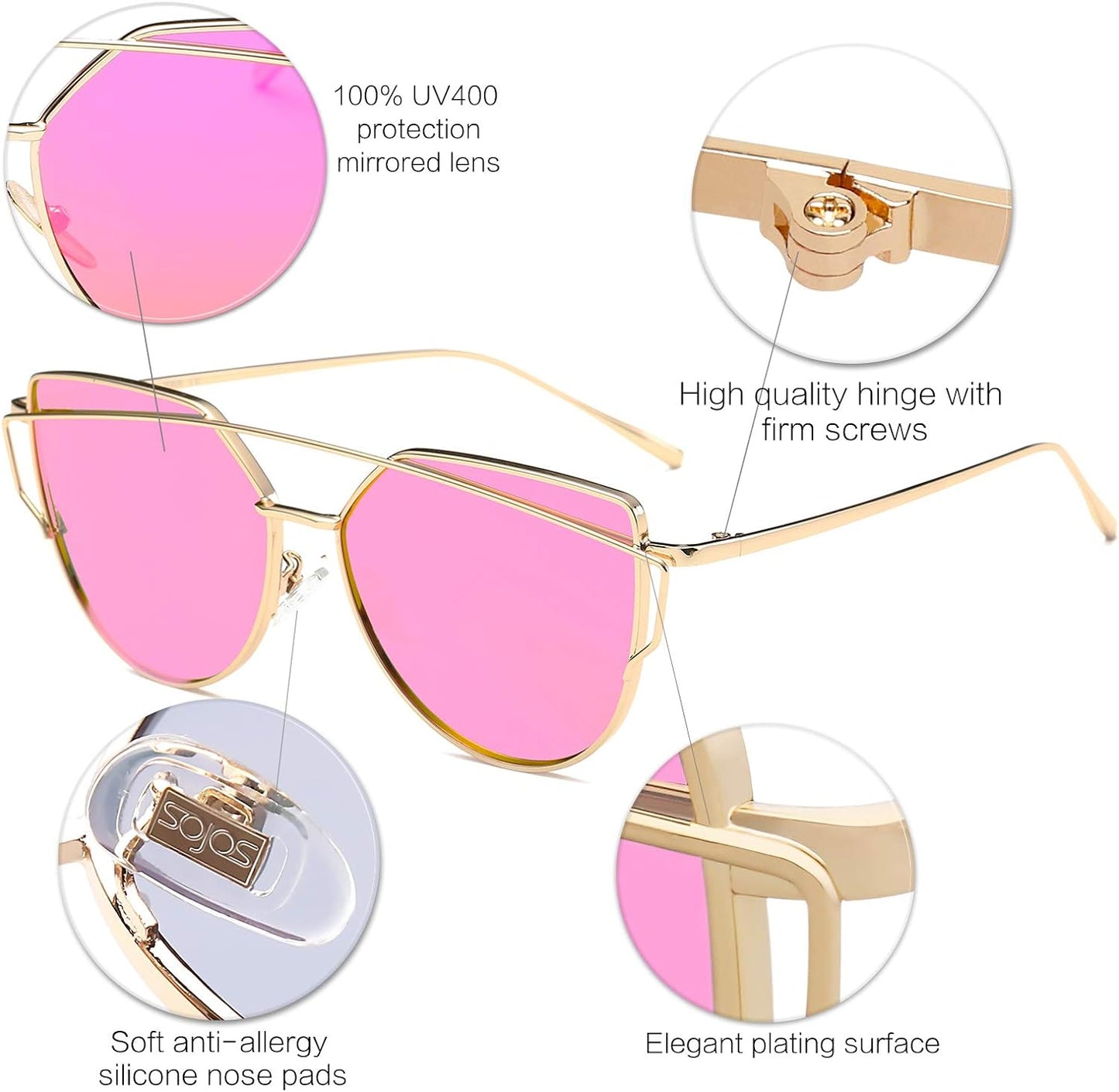 SOJOS Cat Eye Sunglasses for Women Fashion Designer Style Mirrored Lenses