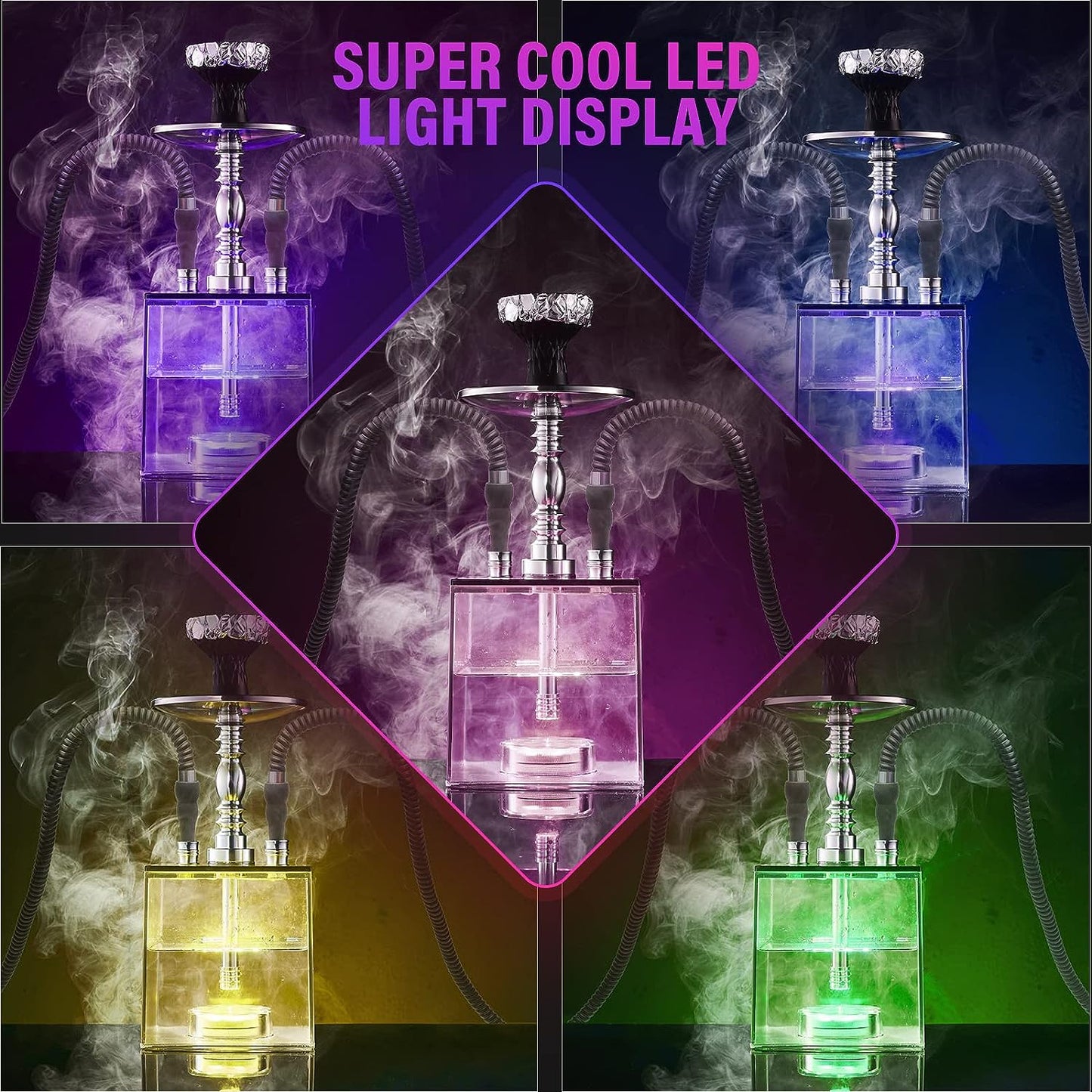 2 Hose Hookah Set - HEJEINK Updated Cube Modern Shisha Includes Vulcan HMD Silicone Hookah Bowl Silk Pipe Coal Tongs Remote LED Light for Great Smoking, Portable Square Hookah Set with Everything