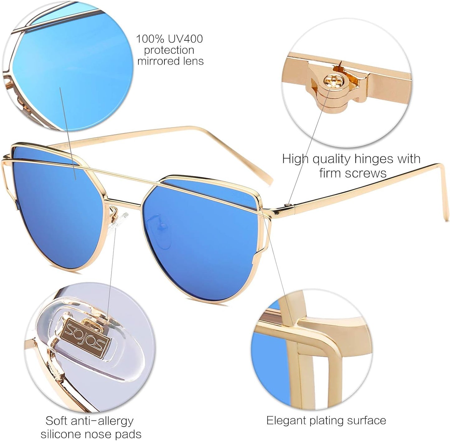 SOJOS Cat Eye Sunglasses for Women Fashion Designer Style Mirrored Lenses