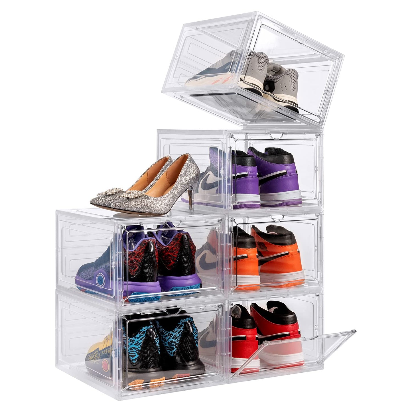DEZENE Clear Shoe Storage Boxes: Pack of 6 Stackable Plastic Shoe Organizer Containers for Closet, Drop Front Shoe Bins for Sneakers, Fit Shoe Size Up to US Men 12