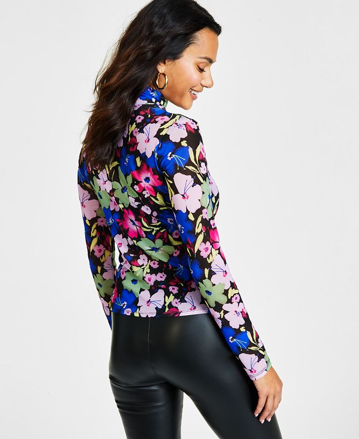 Women's Mock-Neck Printed-Mesh Top, Created for Macy's