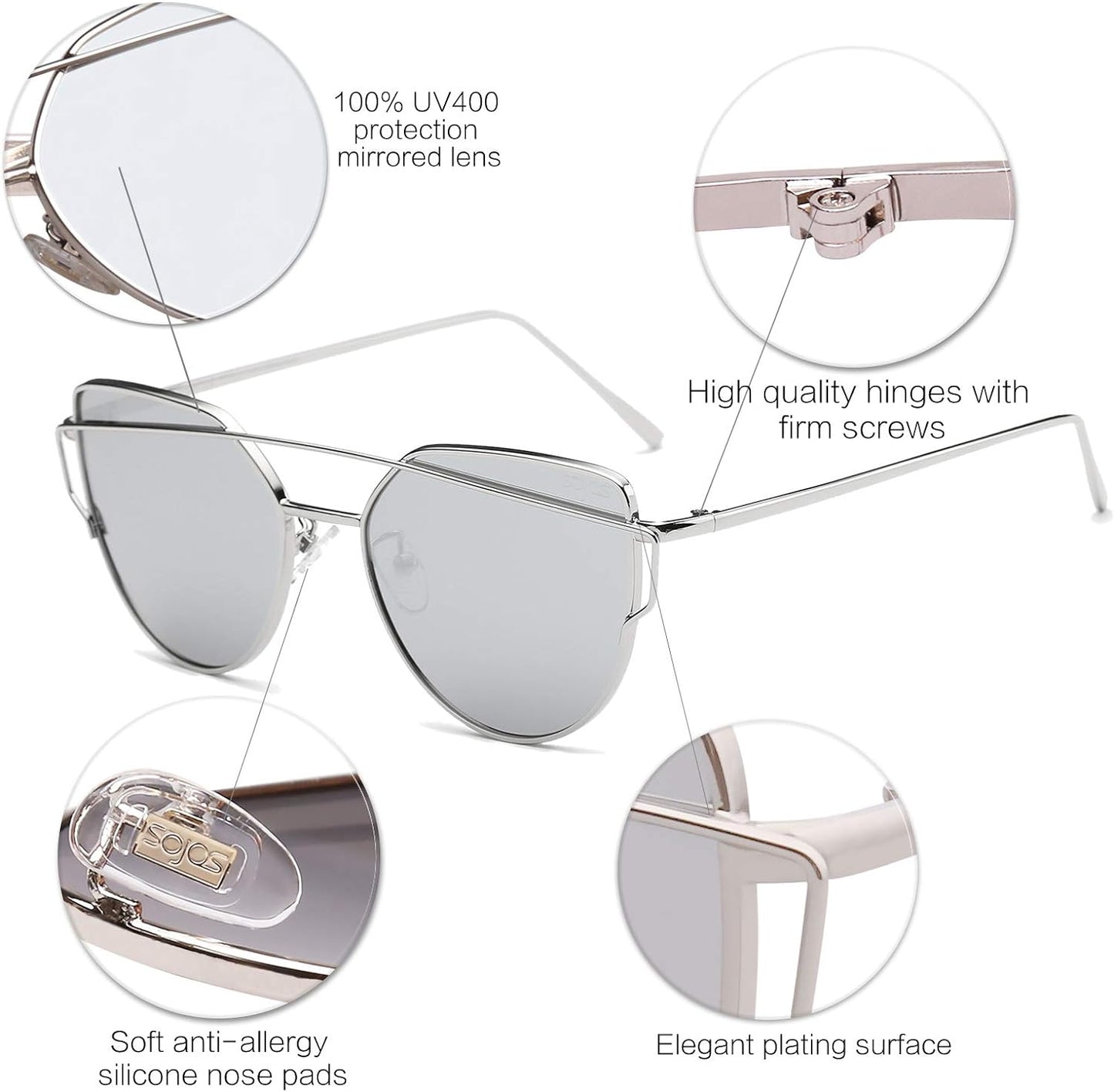 SOJOS Cat Eye Sunglasses for Women Fashion Designer Style Mirrored Lenses