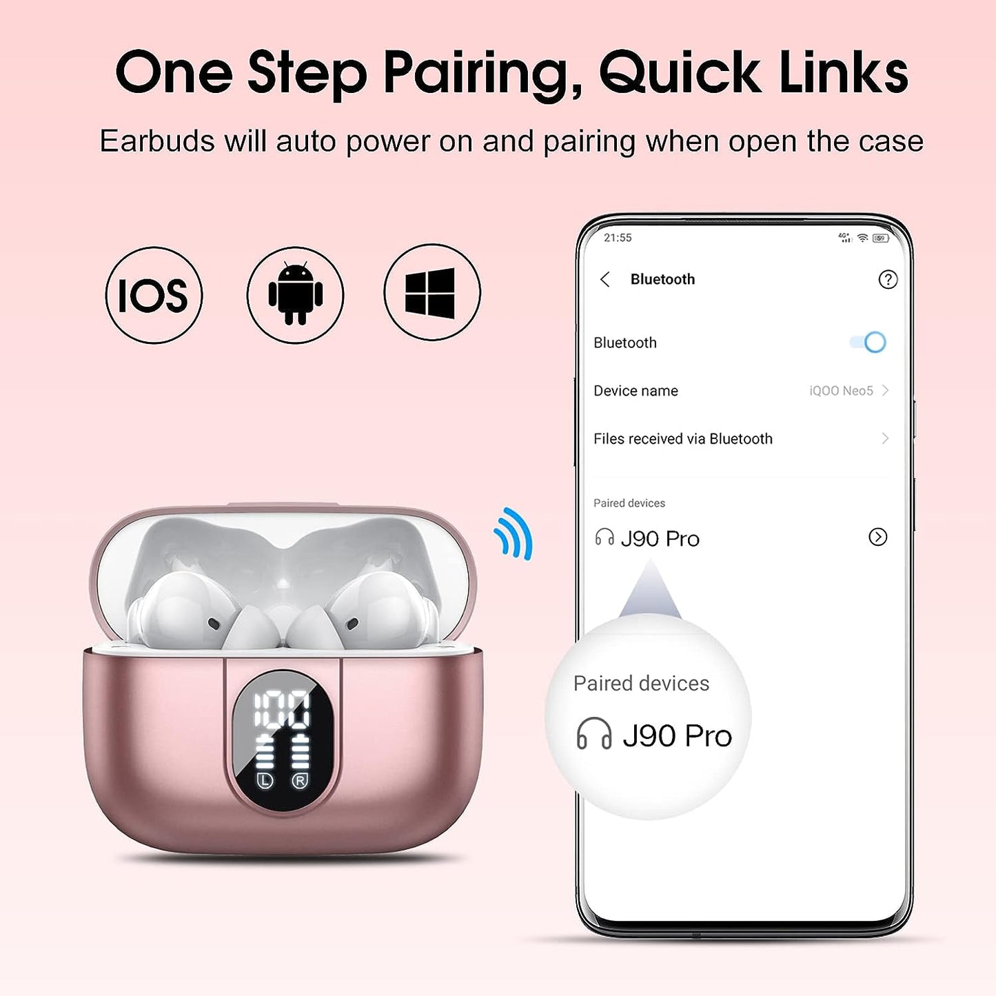 Wireless Earbuds, 2023 Bluetooth Headphones 5.3 HiFi Stereo Earphones, 40H Playtime in-Ear Earbud, Bluetooth Earbud with LED Power Display, IP7 Waterproof Earphones Sport Headset for Android iOS