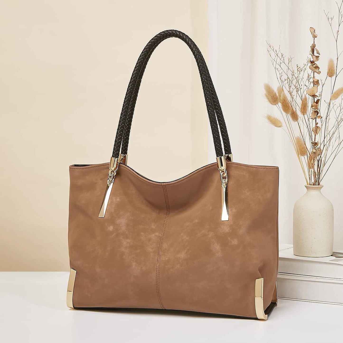 FOXLOVER Large Capacity Tote Handbags for Women, Genuine Leather Ladies Top-handle Bags Fashion Shoulder Bags Purses