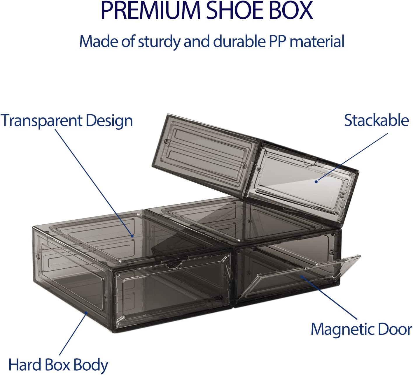 DEZENE Clear Shoe Storage Boxes: Pack of 6 Stackable Plastic Shoe Organizer Containers for Closet, Drop Front Shoe Bins for Sneakers, Fit Shoe Size Up to US Men 12