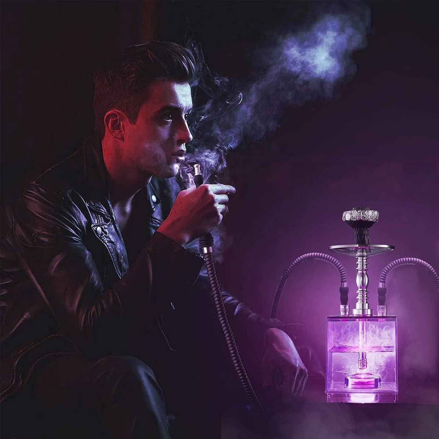 2 Hose Hookah Set - HEJEINK Updated Cube Modern Shisha Includes Vulcan HMD Silicone Hookah Bowl Silk Pipe Coal Tongs Remote LED Light for Great Smoking, Portable Square Hookah Set with Everything