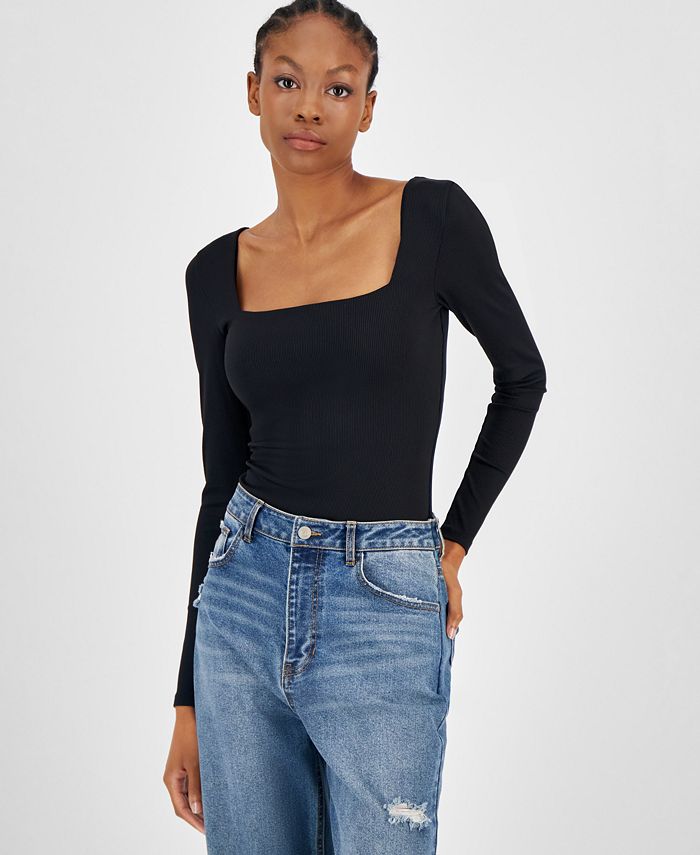 Women's Square Neck Double Layered Ribbed Bodysuit