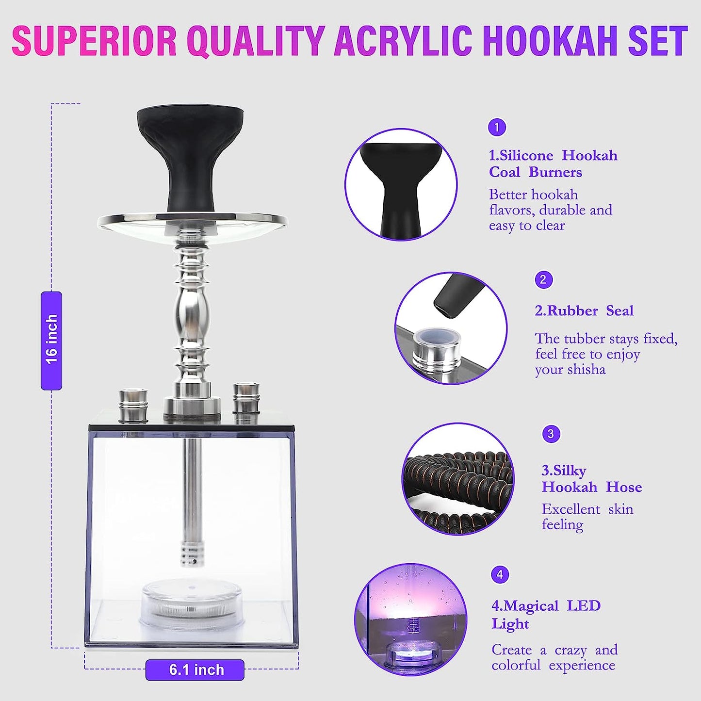 2 Hose Hookah Set - HEJEINK Updated Cube Modern Shisha Includes Vulcan HMD Silicone Hookah Bowl Silk Pipe Coal Tongs Remote LED Light for Great Smoking, Portable Square Hookah Set with Everything