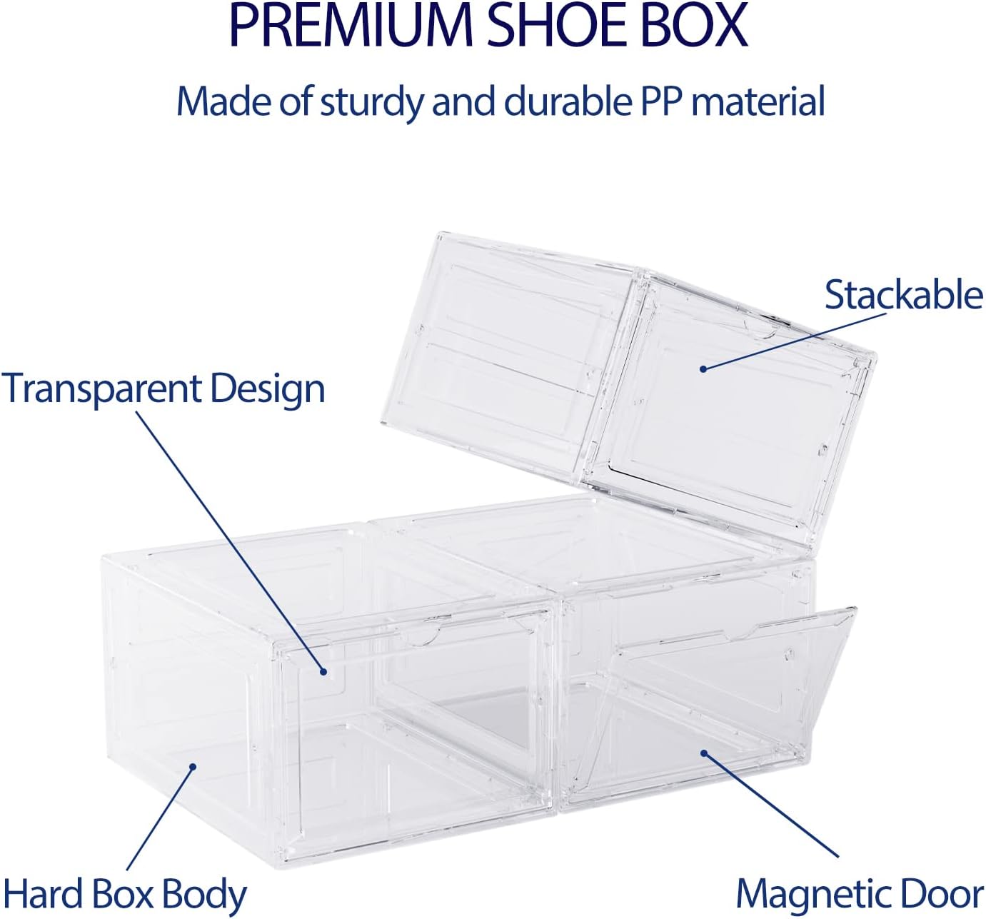 DEZENE Clear Shoe Storage Boxes: Pack of 6 Stackable Plastic Shoe Organizer Containers for Closet, Drop Front Shoe Bins for Sneakers, Fit Shoe Size Up to US Men 12