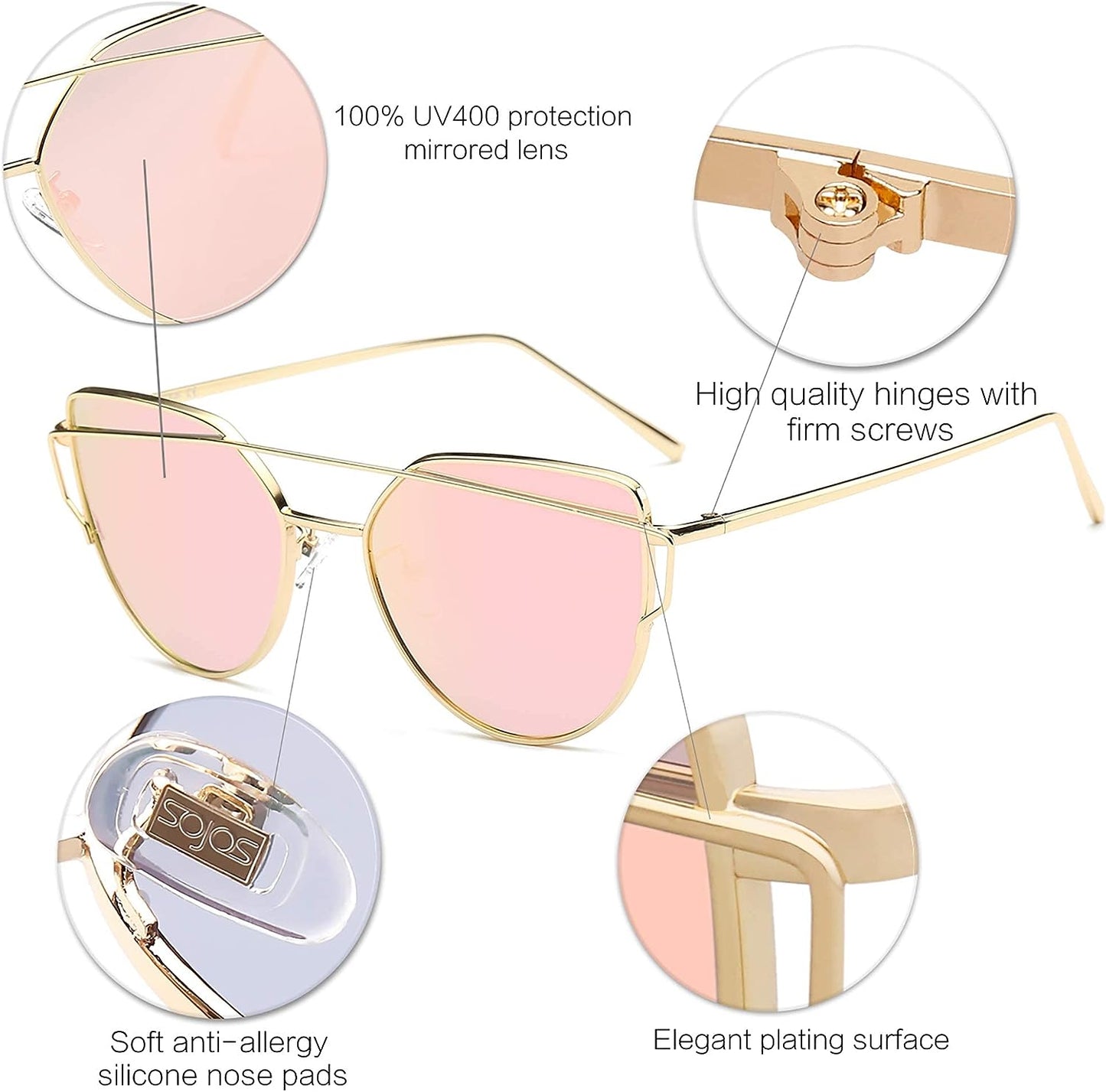 SOJOS Cat Eye Sunglasses for Women Fashion Designer Style Mirrored Lenses
