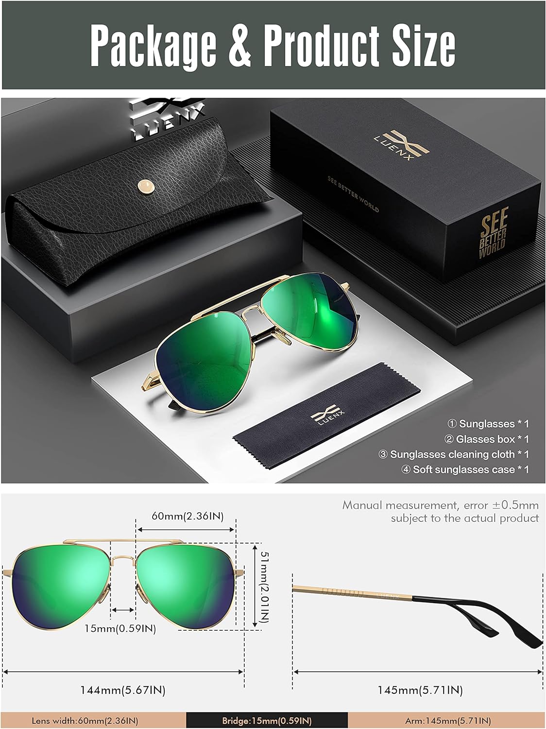 LUENX Aviator Sunglasses for Men Women Polarized - UV 400 Protection with case 60MM
