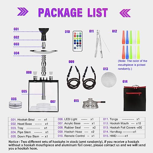 2 Hose Hookah Set - HEJEINK Updated Cube Modern Shisha Includes Vulcan HMD Silicone Hookah Bowl Silk Pipe Coal Tongs Remote LED Light for Great Smoking, Portable Square Hookah Set with Everything