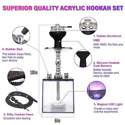 2 Hose Hookah Set - HEJEINK Updated Cube Modern Shisha Includes Vulcan HMD Silicone Hookah Bowl Silk Pipe Coal Tongs Remote LED Light for Great Smoking, Portable Square Hookah Set with Everything