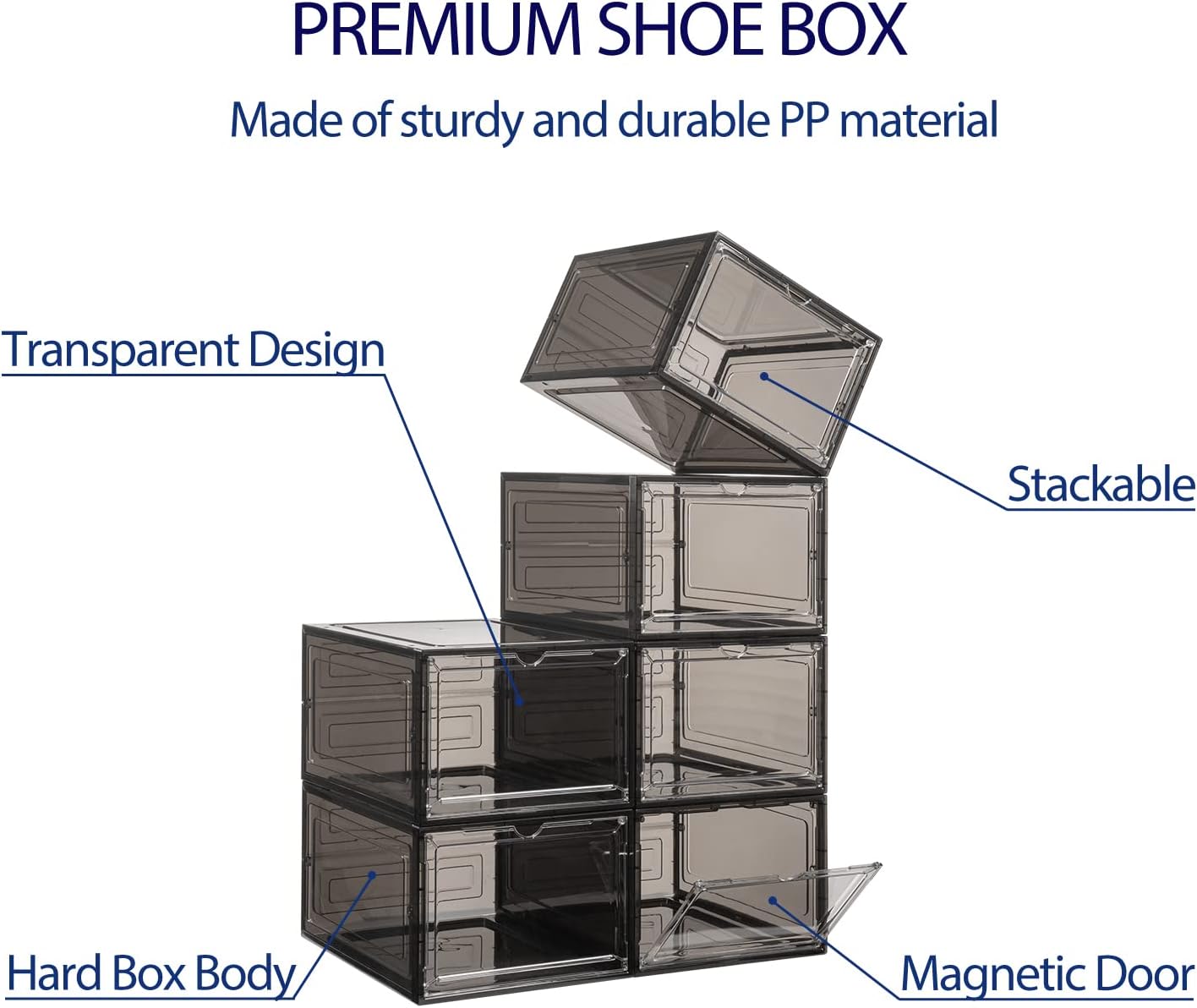 DEZENE Clear Shoe Storage Boxes: Pack of 6 Stackable Plastic Shoe Organizer Containers for Closet, Drop Front Shoe Bins for Sneakers, Fit Shoe Size Up to US Men 12