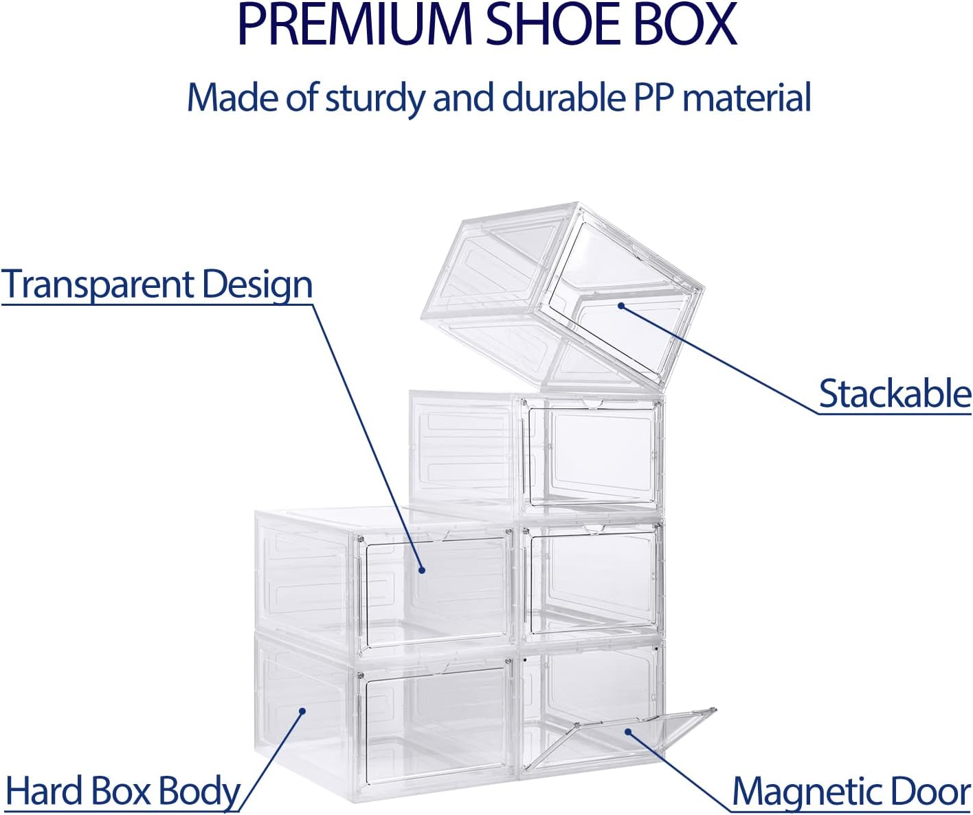 DEZENE Clear Shoe Storage Boxes: Pack of 6 Stackable Plastic Shoe Organizer Containers for Closet, Drop Front Shoe Bins for Sneakers, Fit Shoe Size Up to US Men 12
