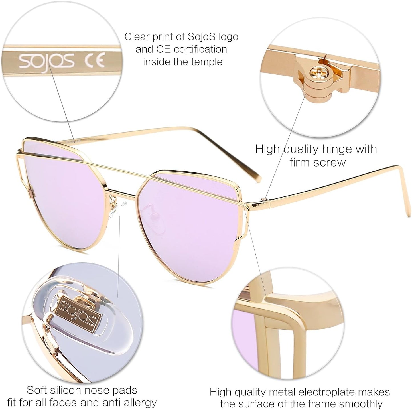 SOJOS Cat Eye Sunglasses for Women Fashion Designer Style Mirrored Lenses