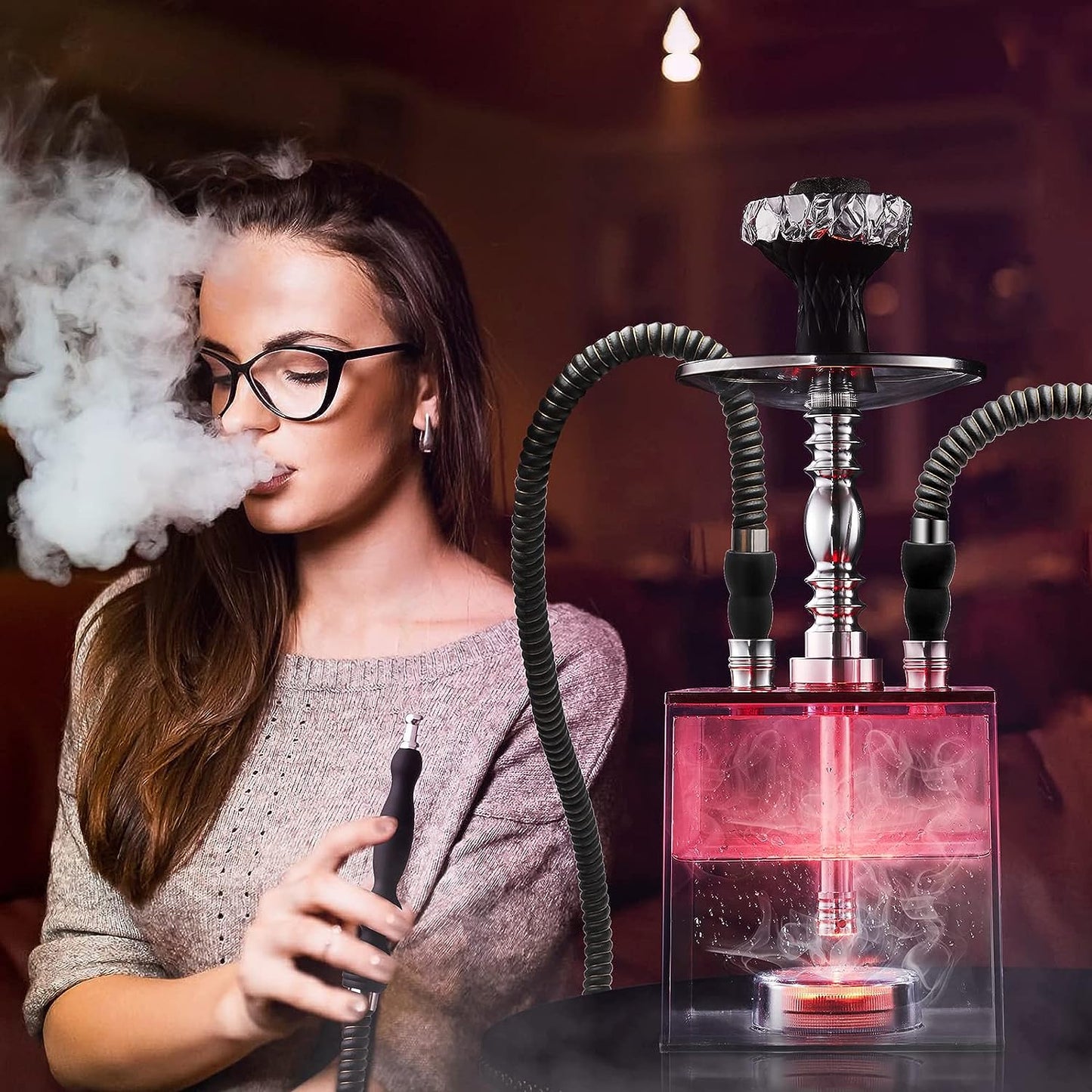2 Hose Hookah Set - HEJEINK Updated Cube Modern Shisha Includes Vulcan HMD Silicone Hookah Bowl Silk Pipe Coal Tongs Remote LED Light for Great Smoking, Portable Square Hookah Set with Everything