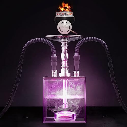 2 Hose Hookah Set - HEJEINK Updated Cube Modern Shisha Includes Vulcan HMD Silicone Hookah Bowl Silk Pipe Coal Tongs Remote LED Light for Great Smoking, Portable Square Hookah Set with Everything