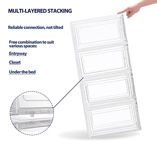DEZENE Clear Shoe Storage Boxes: Pack of 6 Stackable Plastic Shoe Organizer Containers for Closet, Drop Front Shoe Bins for Sneakers, Fit Shoe Size Up to US Men 12