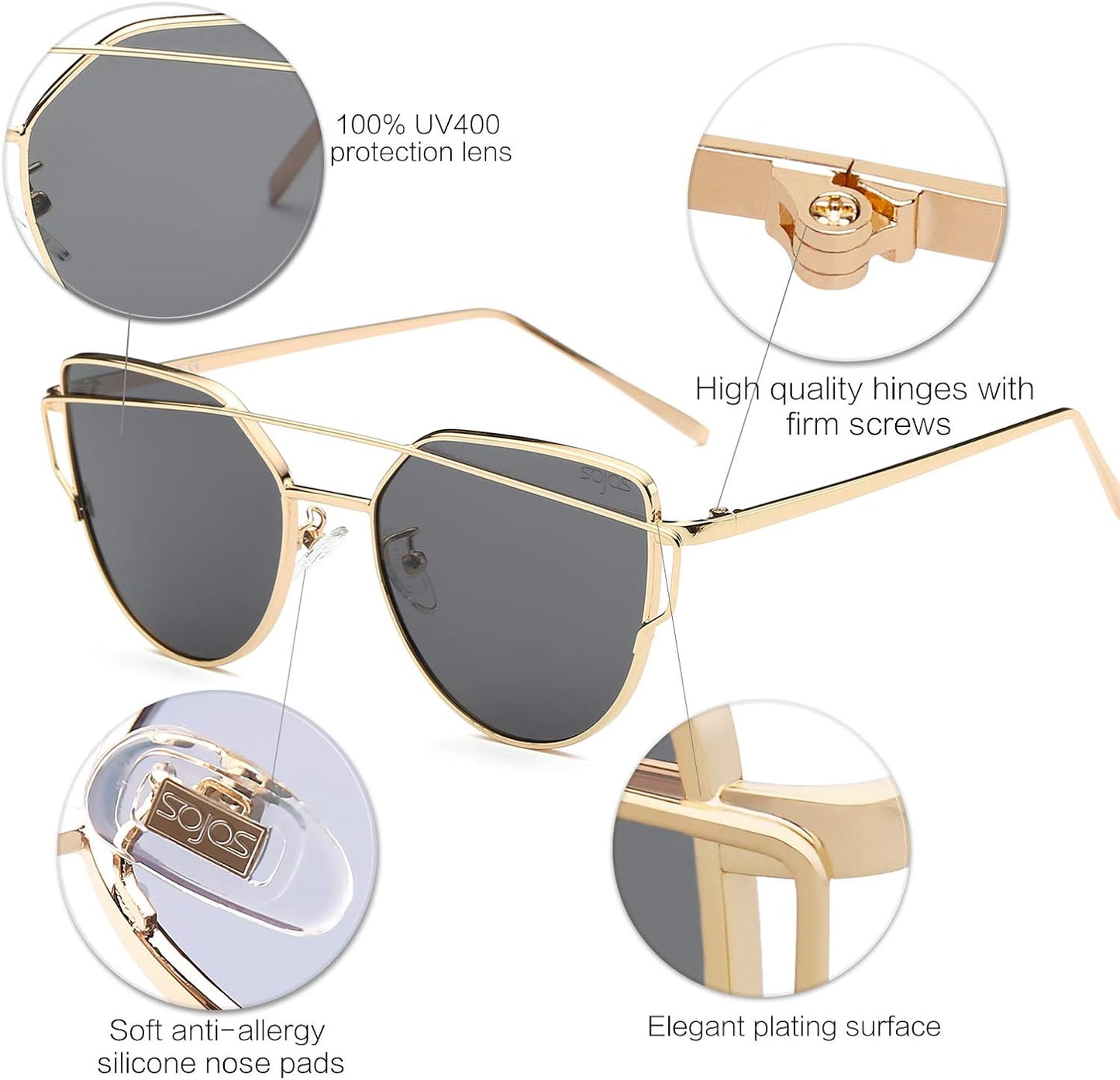 SOJOS Cat Eye Sunglasses for Women Fashion Designer Style Mirrored Lenses