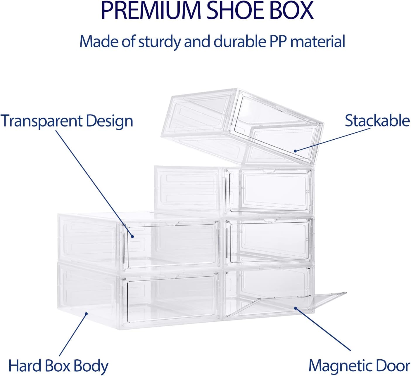 DEZENE Clear Shoe Storage Boxes: Pack of 6 Stackable Plastic Shoe Organizer Containers for Closet, Drop Front Shoe Bins for Sneakers, Fit Shoe Size Up to US Men 12