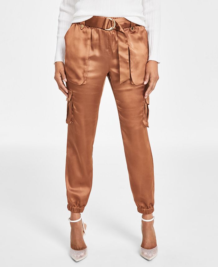 Women's Satin High-Rise Belted Cargo Pants, Created for Macy's