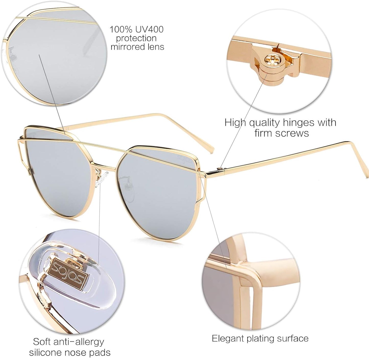 SOJOS Cat Eye Sunglasses for Women Fashion Designer Style Mirrored Lenses
