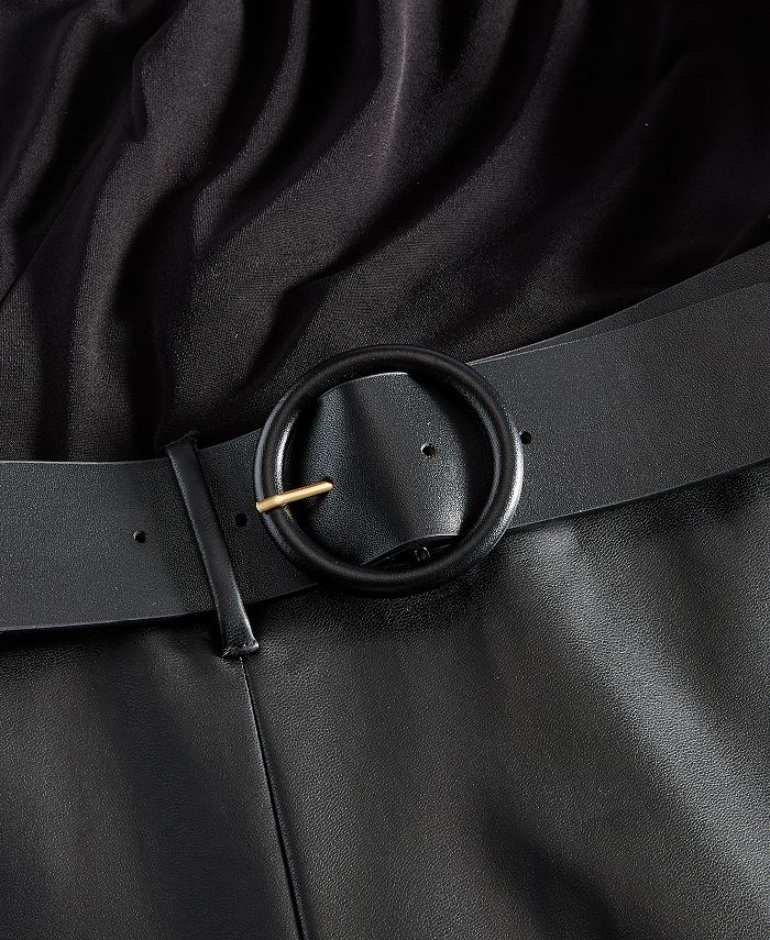 Women's Faux-Leather-Skirt A-Line Dress