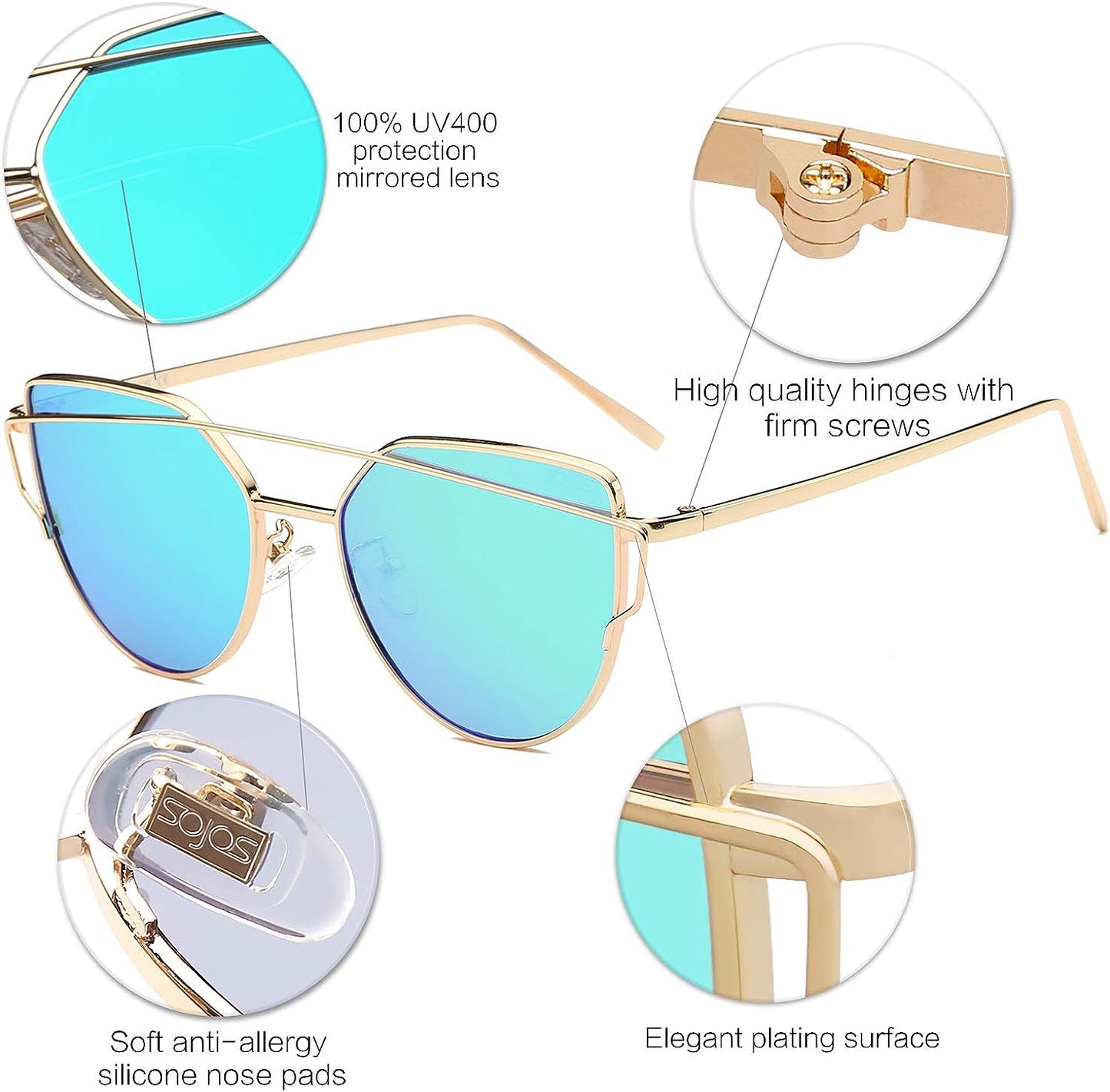 SOJOS Cat Eye Sunglasses for Women Fashion Designer Style Mirrored Lenses