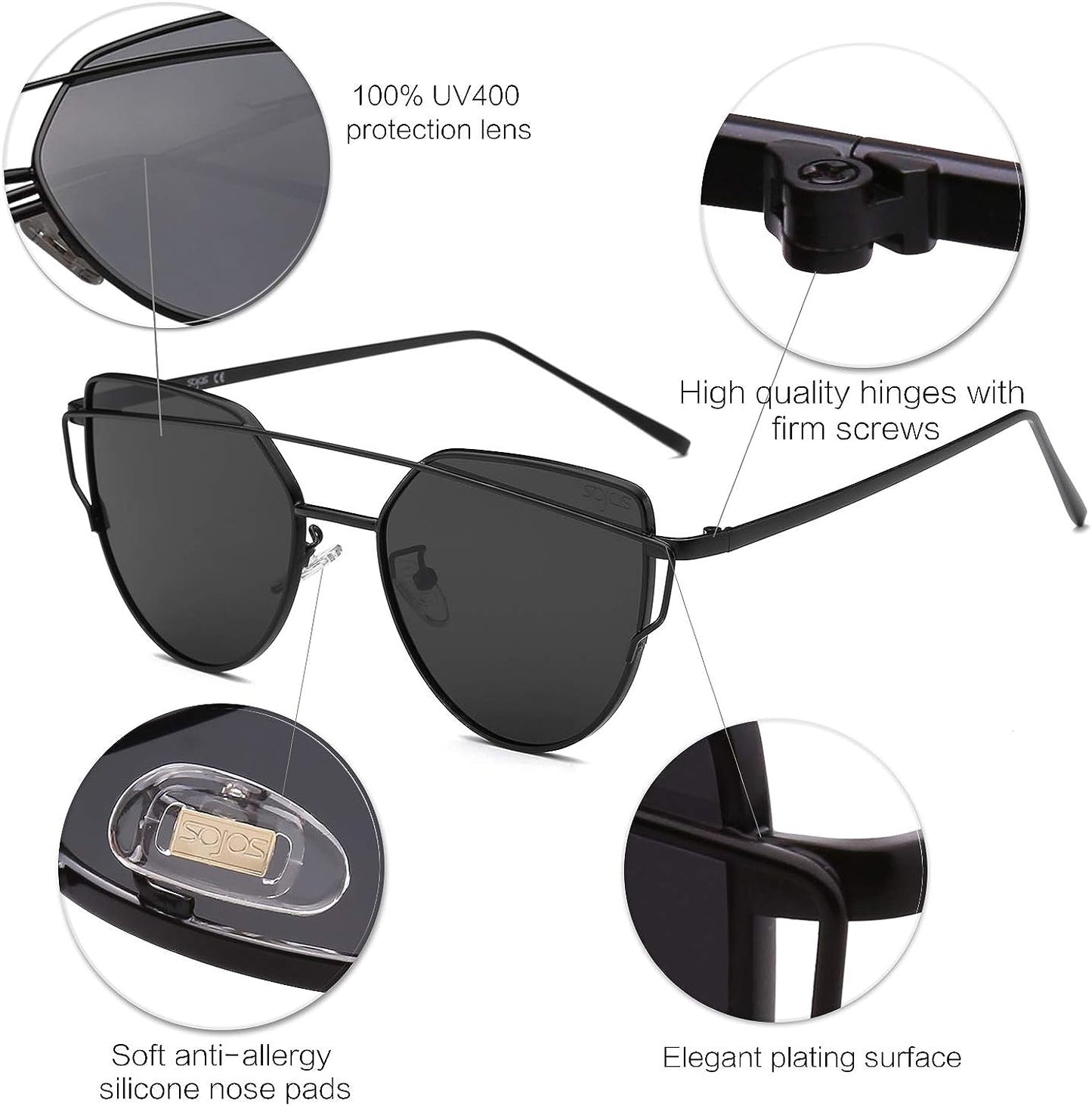 SOJOS Cat Eye Sunglasses for Women Fashion Designer Style Mirrored Lenses