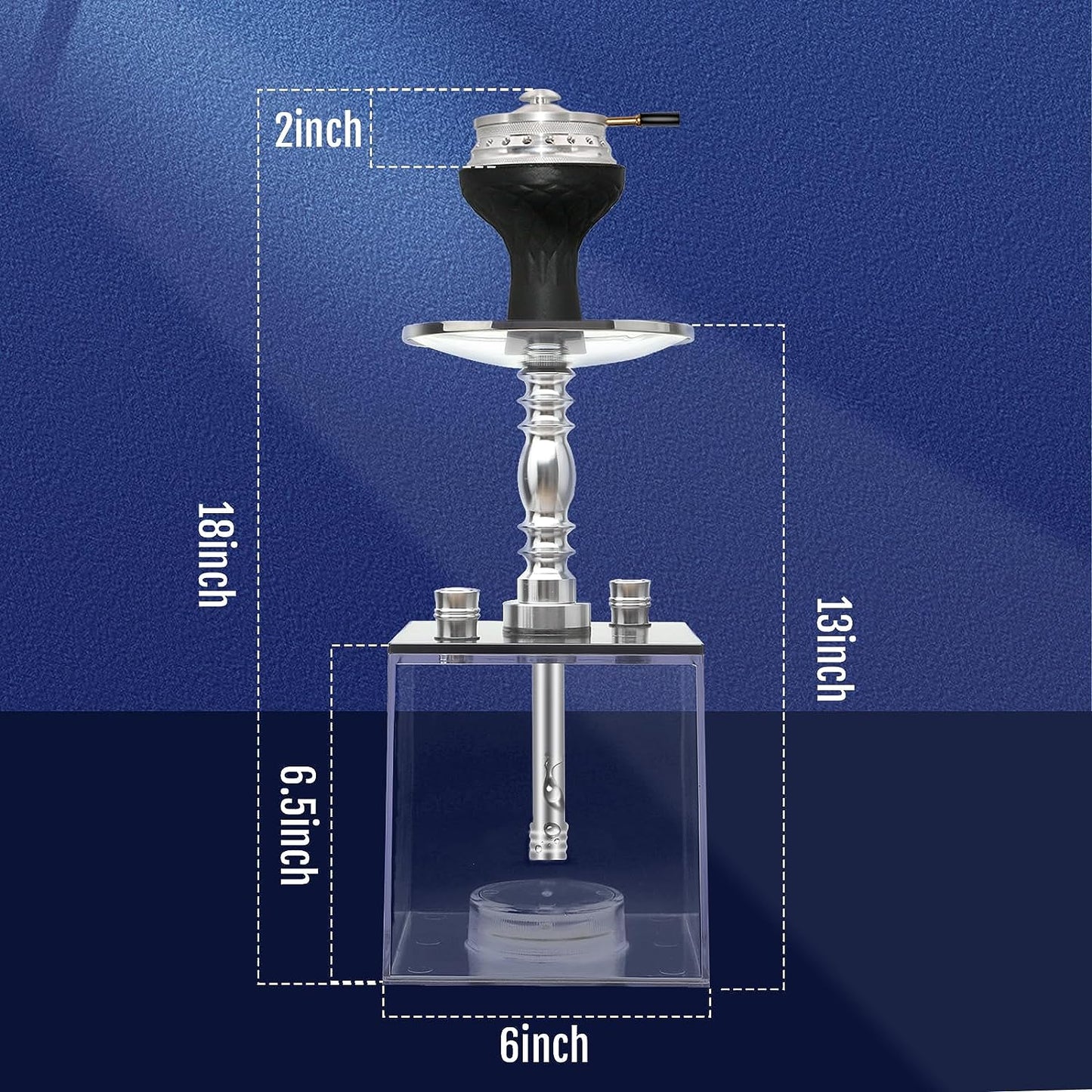 2 Hose Hookah Set - HEJEINK Updated Cube Modern Shisha Includes Vulcan HMD Silicone Hookah Bowl Silk Pipe Coal Tongs Remote LED Light for Great Smoking, Portable Square Hookah Set with Everything