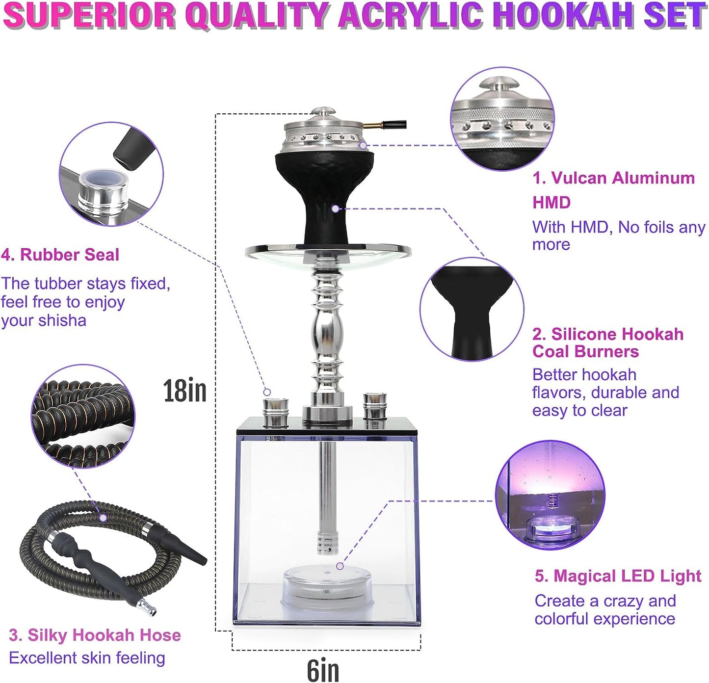 2 Hose Hookah Set - HEJEINK Updated Cube Modern Shisha Includes Vulcan HMD Silicone Hookah Bowl Silk Pipe Coal Tongs Remote LED Light for Great Smoking, Portable Square Hookah Set with Everything