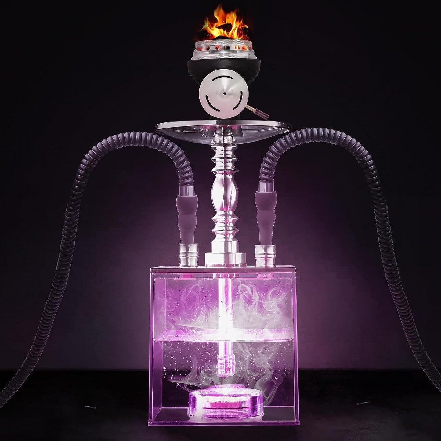2 Hose Hookah Set - HEJEINK Updated Cube Modern Shisha Includes Vulcan HMD Silicone Hookah Bowl Silk Pipe Coal Tongs Remote LED Light for Great Smoking, Portable Square Hookah Set with Everything