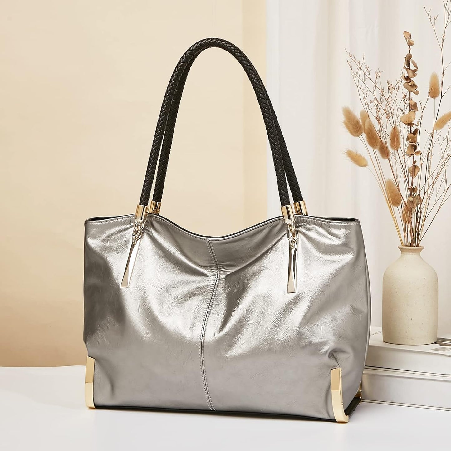 FOXLOVER Large Capacity Tote Handbags for Women, Genuine Leather Ladies Top-handle Bags Fashion Shoulder Bags Purses
