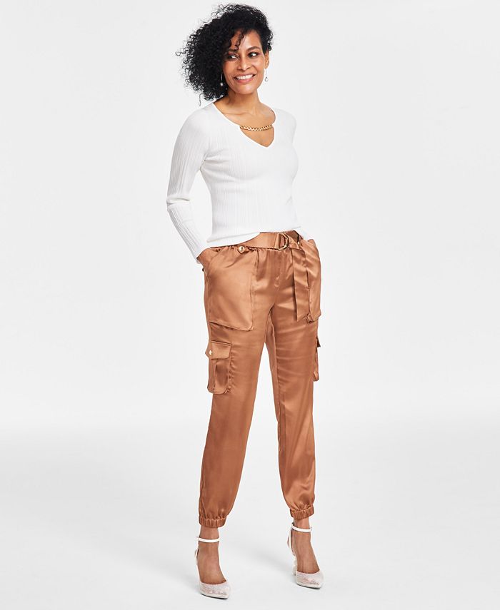Women's Satin High-Rise Belted Cargo Pants, Created for Macy's