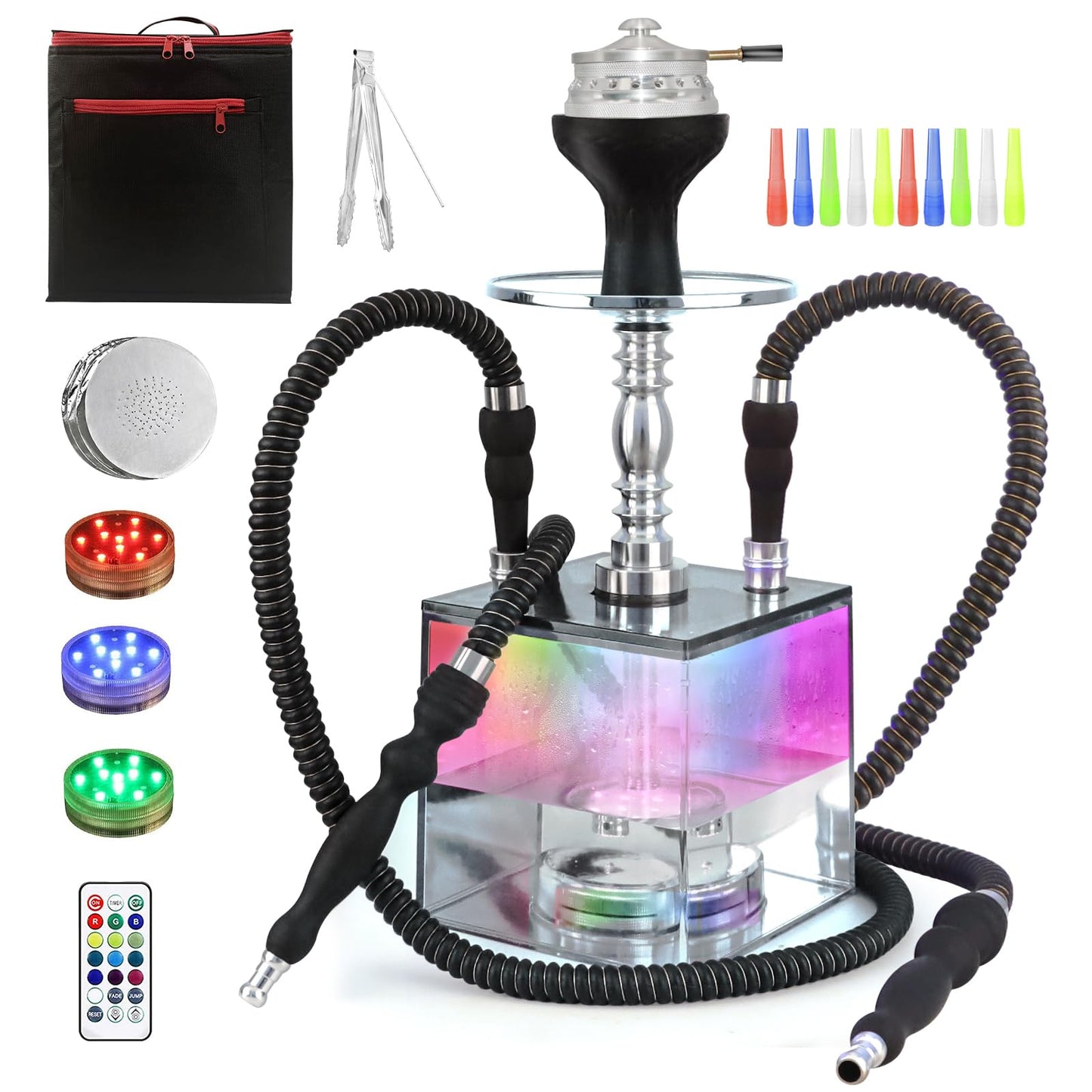 2 Hose Hookah Set - HEJEINK Updated Cube Modern Shisha Includes Vulcan HMD Silicone Hookah Bowl Silk Pipe Coal Tongs Remote LED Light for Great Smoking, Portable Square Hookah Set with Everything