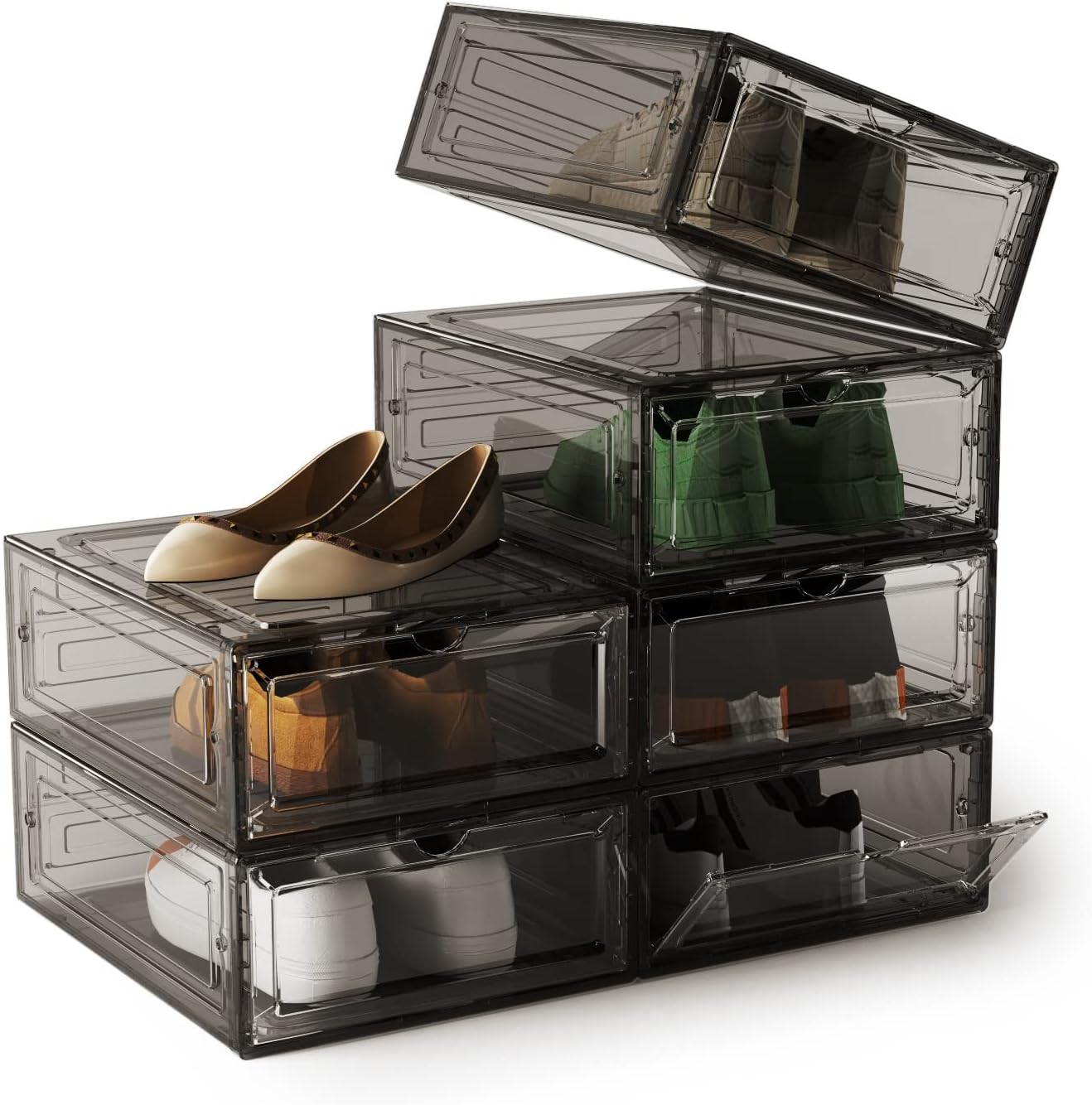 DEZENE Clear Shoe Storage Boxes: Pack of 6 Stackable Plastic Shoe Organizer Containers for Closet, Drop Front Shoe Bins for Sneakers, Fit Shoe Size Up to US Men 12