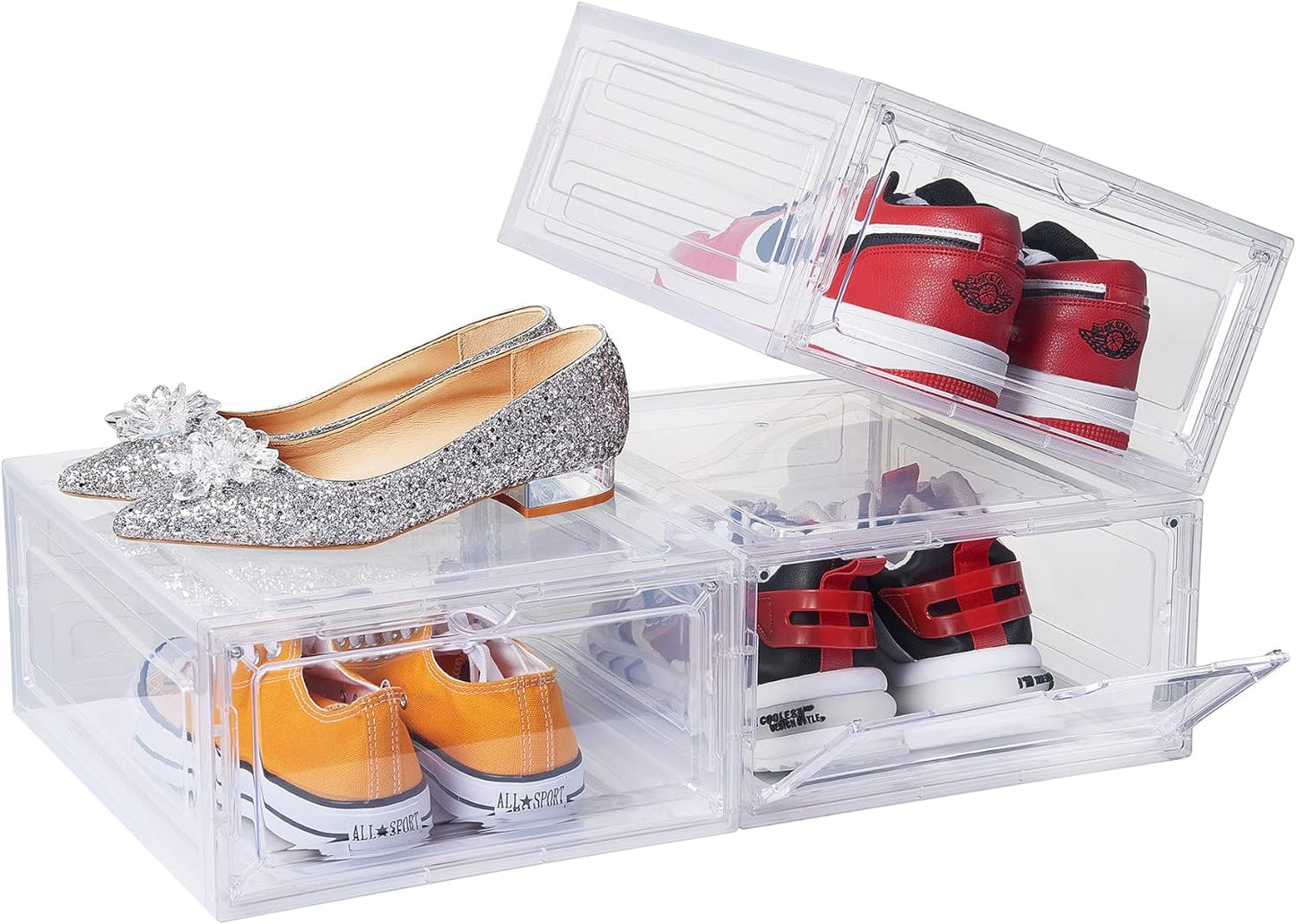 DEZENE Clear Shoe Storage Boxes: Pack of 6 Stackable Plastic Shoe Organizer Containers for Closet, Drop Front Shoe Bins for Sneakers, Fit Shoe Size Up to US Men 12