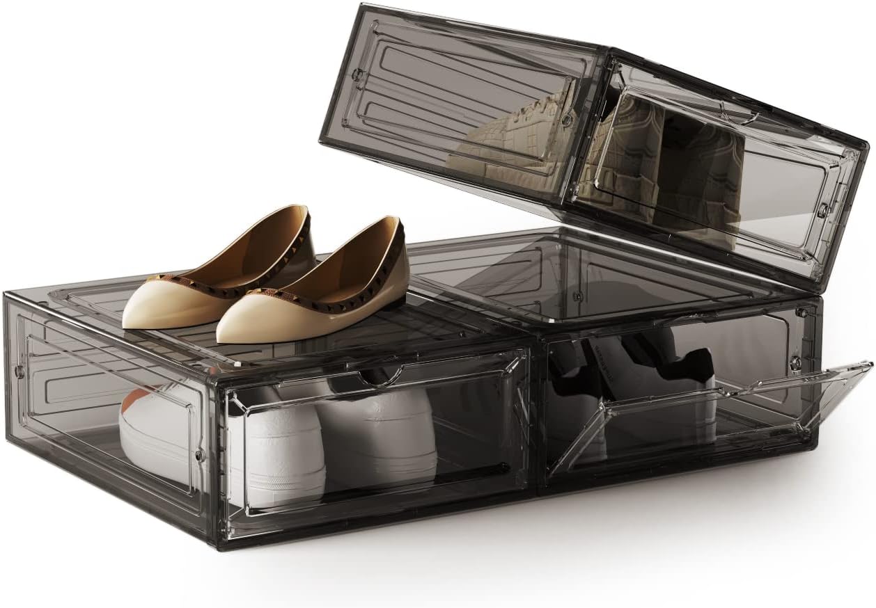 DEZENE Clear Shoe Storage Boxes: Pack of 6 Stackable Plastic Shoe Organizer Containers for Closet, Drop Front Shoe Bins for Sneakers, Fit Shoe Size Up to US Men 12