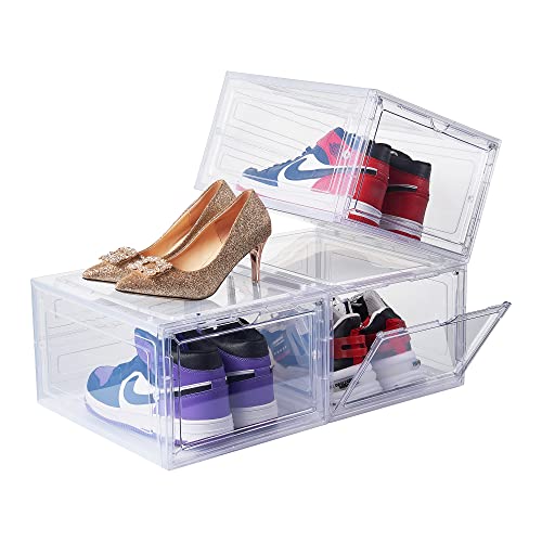 DEZENE Clear Shoe Storage Boxes: Pack of 6 Stackable Plastic Shoe Organizer Containers for Closet, Drop Front Shoe Bins for Sneakers, Fit Shoe Size Up to US Men 12