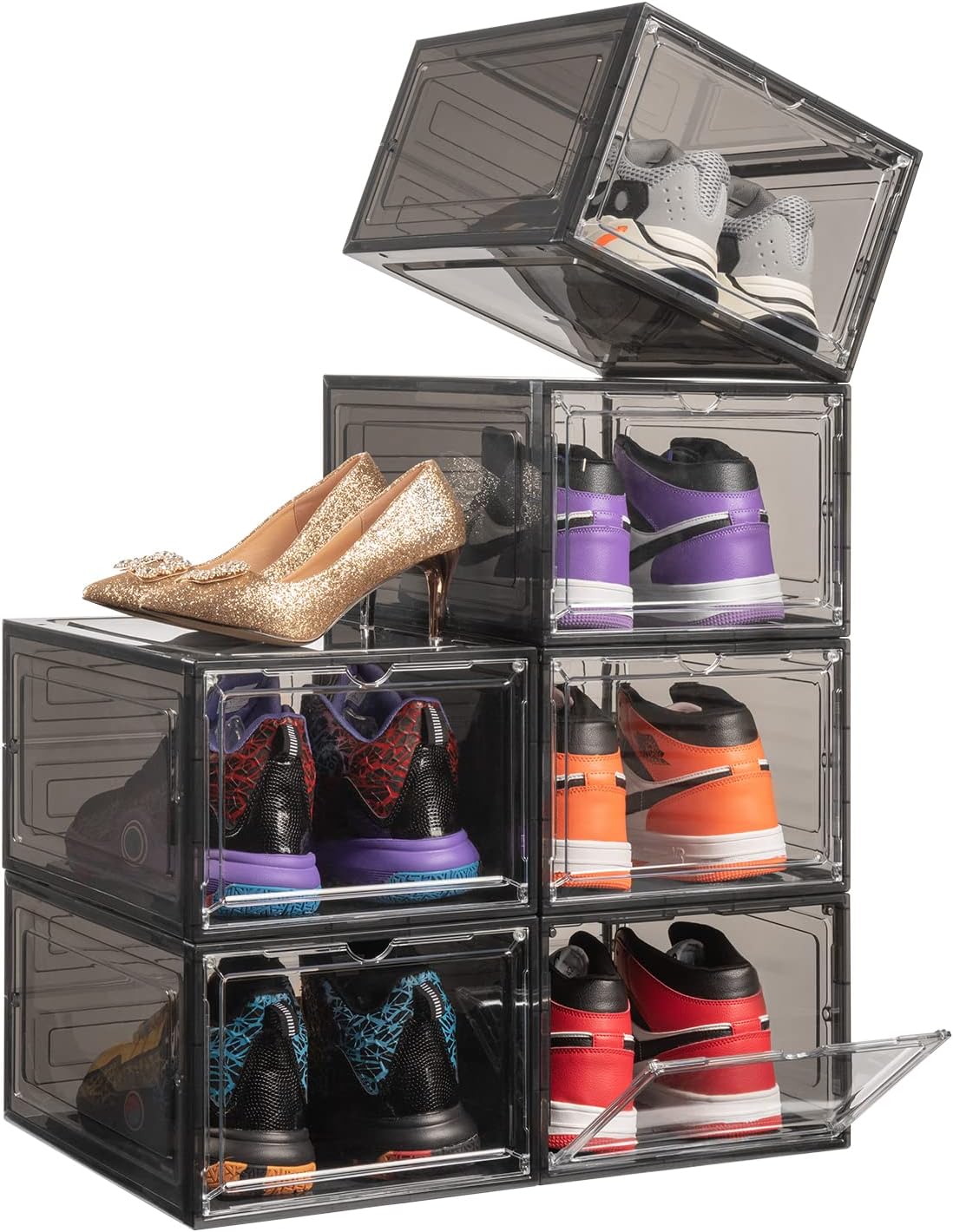 DEZENE Clear Shoe Storage Boxes: Pack of 6 Stackable Plastic Shoe Organizer Containers for Closet, Drop Front Shoe Bins for Sneakers, Fit Shoe Size Up to US Men 12