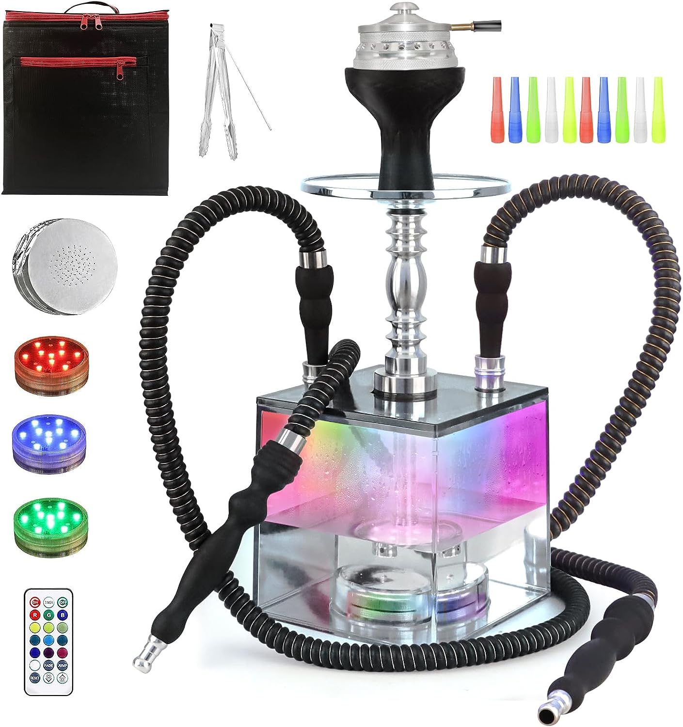 2 Hose Hookah Set - HEJEINK Updated Cube Modern Shisha Includes Vulcan HMD Silicone Hookah Bowl Silk Pipe Coal Tongs Remote LED Light for Great Smoking, Portable Square Hookah Set with Everything