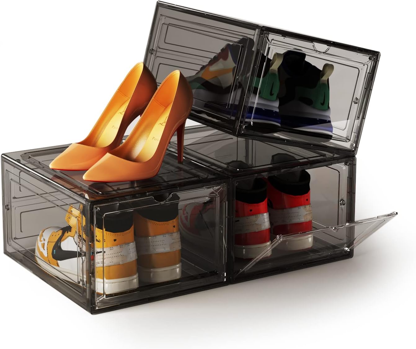 DEZENE Clear Shoe Storage Boxes: Pack of 6 Stackable Plastic Shoe Organizer Containers for Closet, Drop Front Shoe Bins for Sneakers, Fit Shoe Size Up to US Men 12