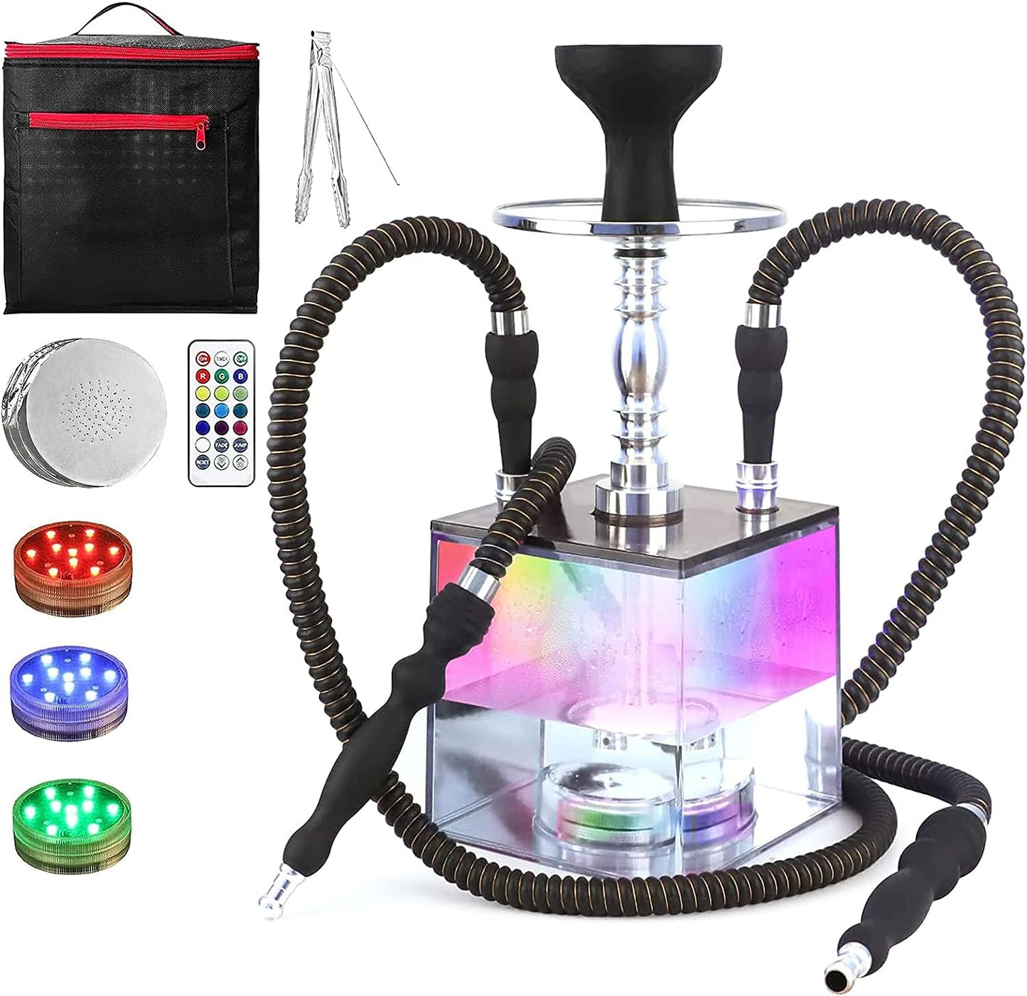 2 Hose Hookah Set - HEJEINK Updated Cube Modern Shisha Includes Vulcan HMD Silicone Hookah Bowl Silk Pipe Coal Tongs Remote LED Light for Great Smoking, Portable Square Hookah Set with Everything
