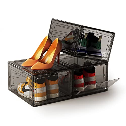 DEZENE Clear Shoe Storage Boxes: Pack of 6 Stackable Plastic Shoe Organizer Containers for Closet, Drop Front Shoe Bins for Sneakers, Fit Shoe Size Up to US Men 12