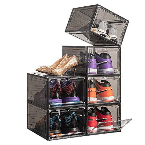 DEZENE Clear Shoe Storage Boxes: Pack of 6 Stackable Plastic Shoe Organizer Containers for Closet, Drop Front Shoe Bins for Sneakers, Fit Shoe Size Up to US Men 12