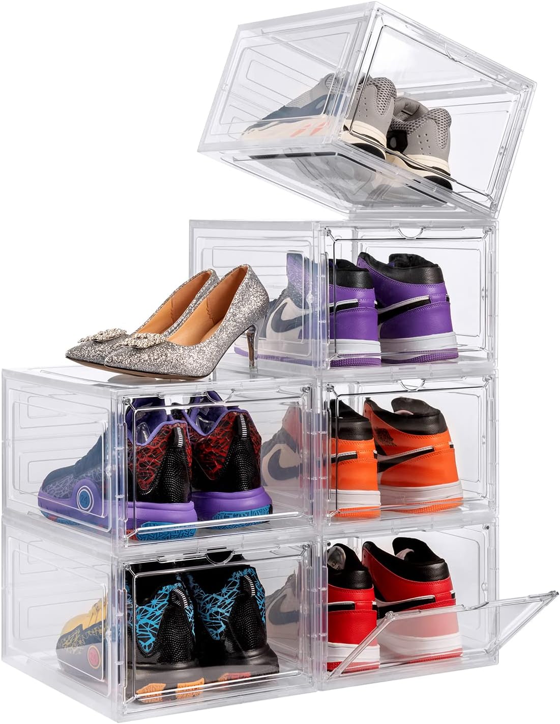 DEZENE Clear Shoe Storage Boxes: Pack of 6 Stackable Plastic Shoe Organizer Containers for Closet, Drop Front Shoe Bins for Sneakers, Fit Shoe Size Up to US Men 12